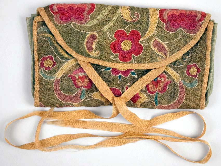 Wallet, Gentleman’s Embroidered Purse, and Portrait of Owners Homeheorem Decorated Bed Furnishing or Curtin Sash, Watercolor on Brushed Cotton